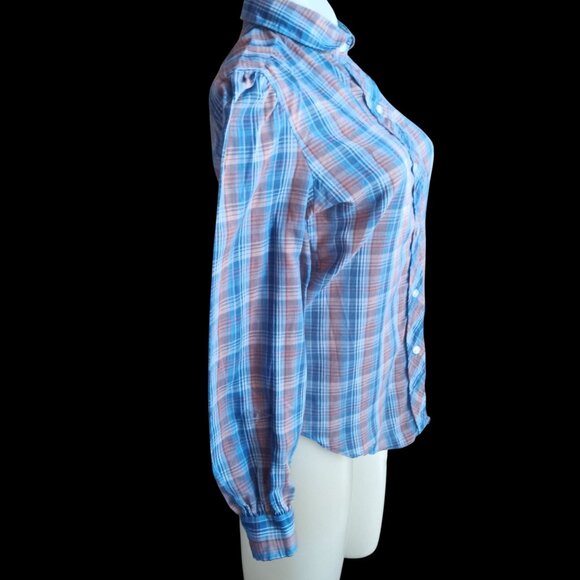 Vintage Women's Medium Boho Blouse 70's Step Up Plaid Puff Sleeve Shirt USA - Picture 4 of 7